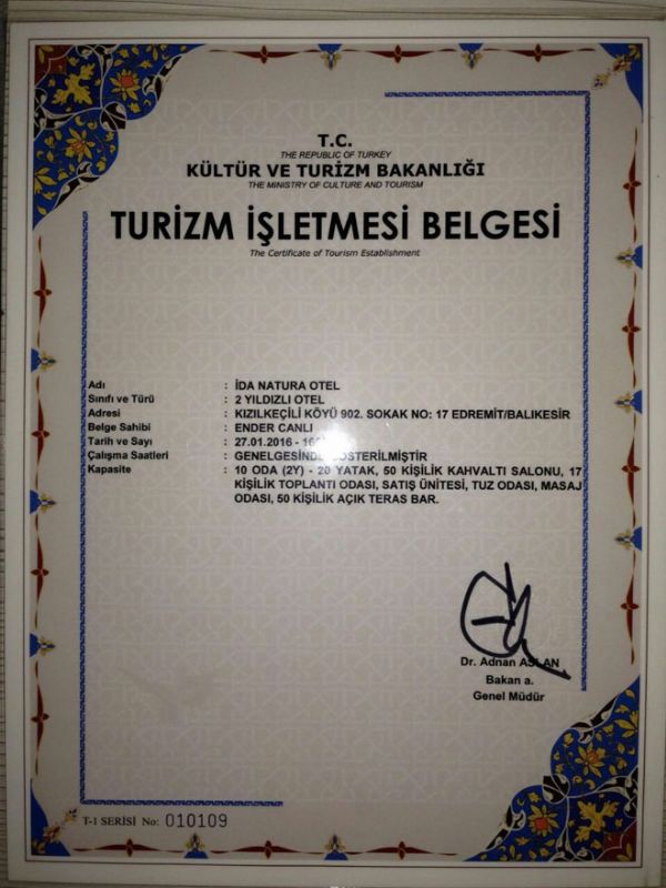 İda Natura Otel Turizm Belgesi